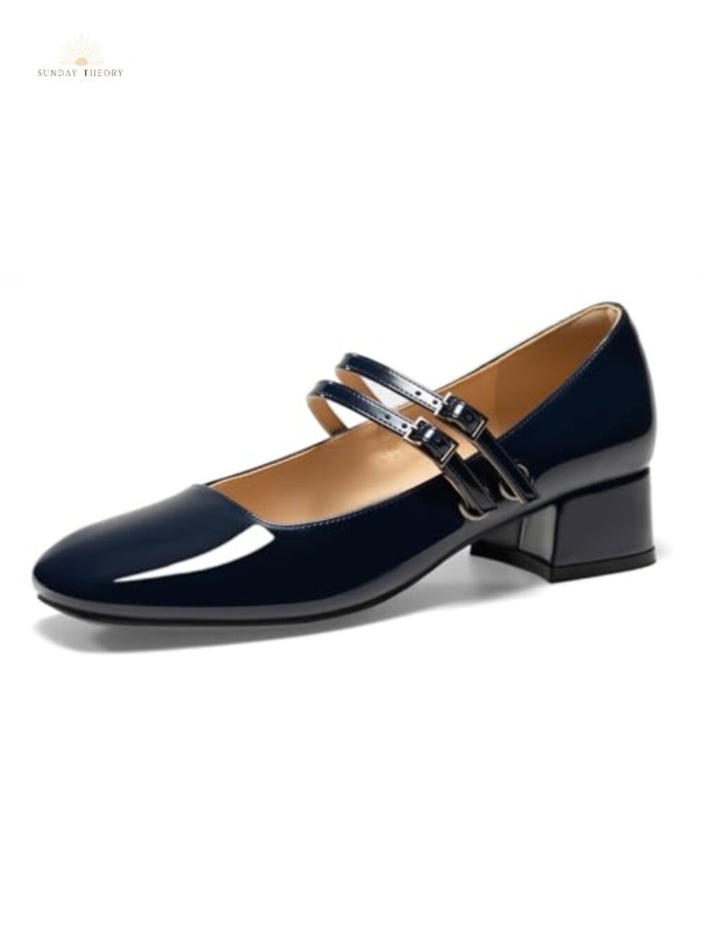 Women's Mary Jane Low Heels Double Strap Square Toe Ballet Pumps Faux Leather